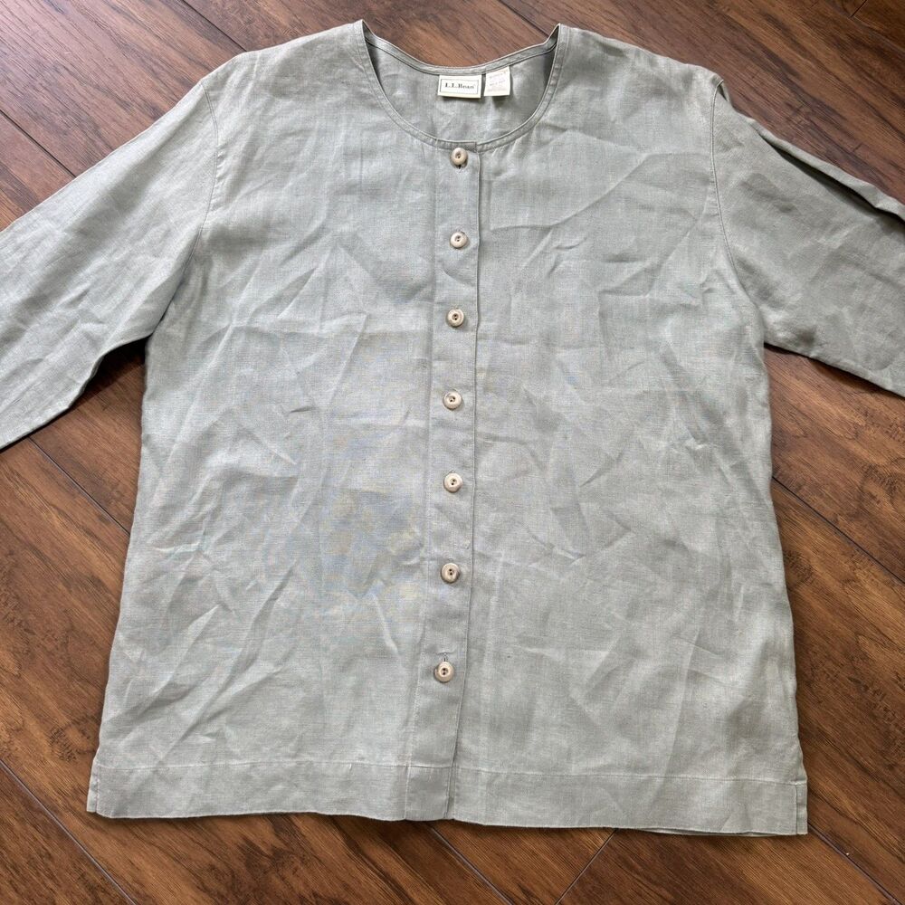 Vintage L.L. Bean Women's M 100% Linen Round Neck Sage Green Button Up LS Shirt
